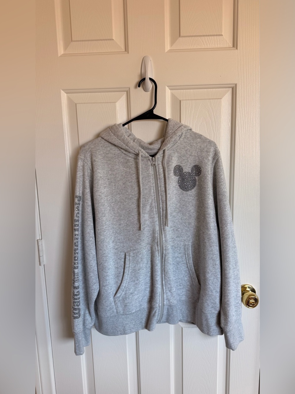 Light Gray Zip-Up Hoodie with Studded Mickey Accent